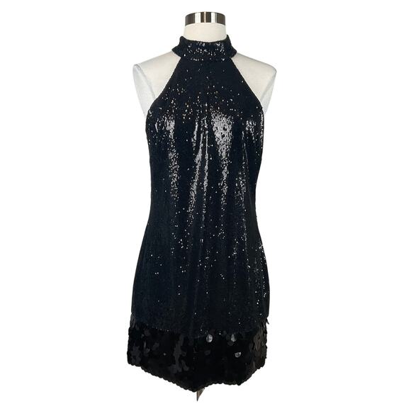 Betsy & Adam Women's Cocktail Dress Size 6 Black Sequined Halter Mini Sheath - Picture 1 of 14